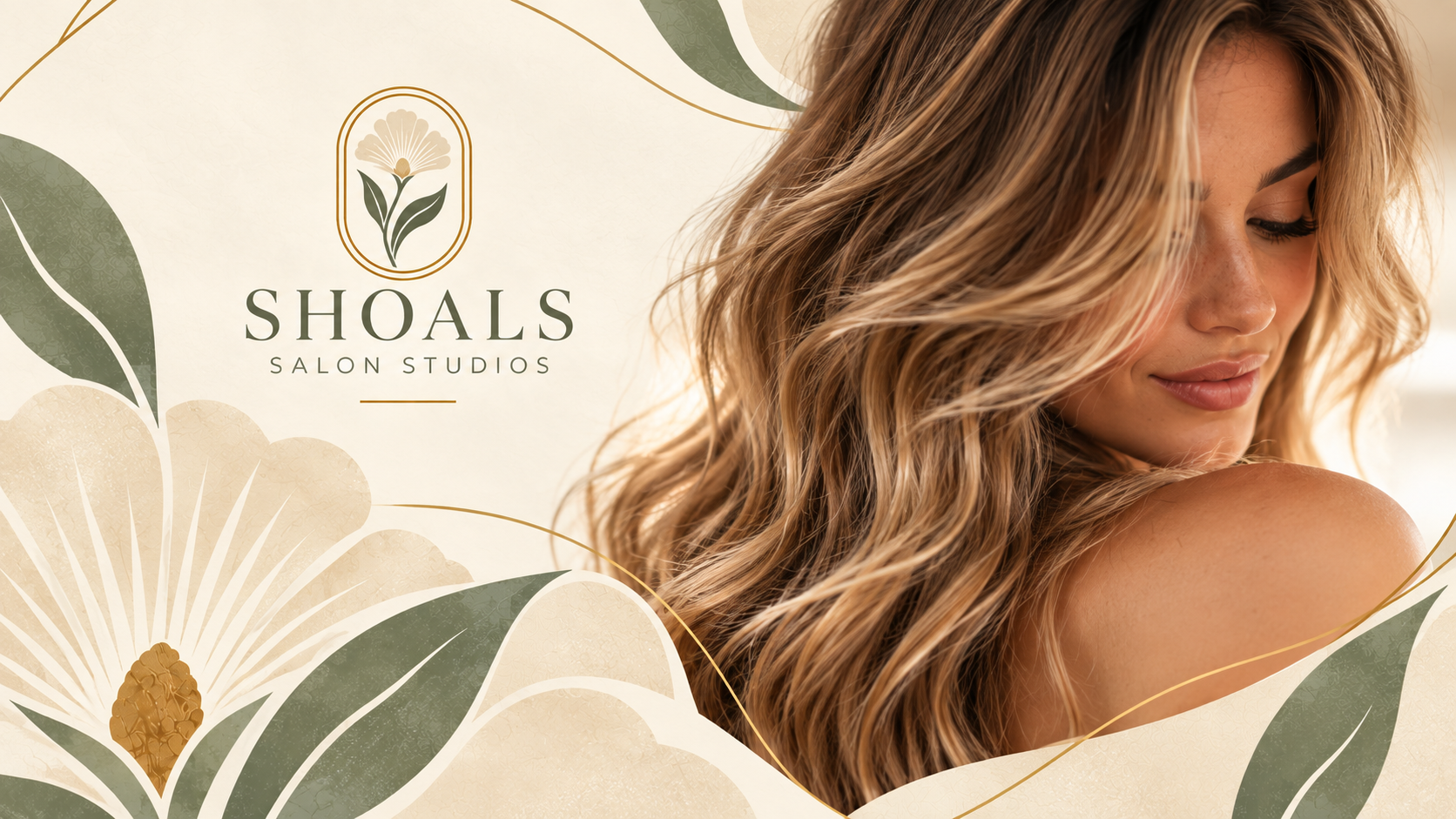 Shoals Salon Studios flower logo surrounded by flowing cream flowers, green leaves, golden lines, and a woman with wavy hair