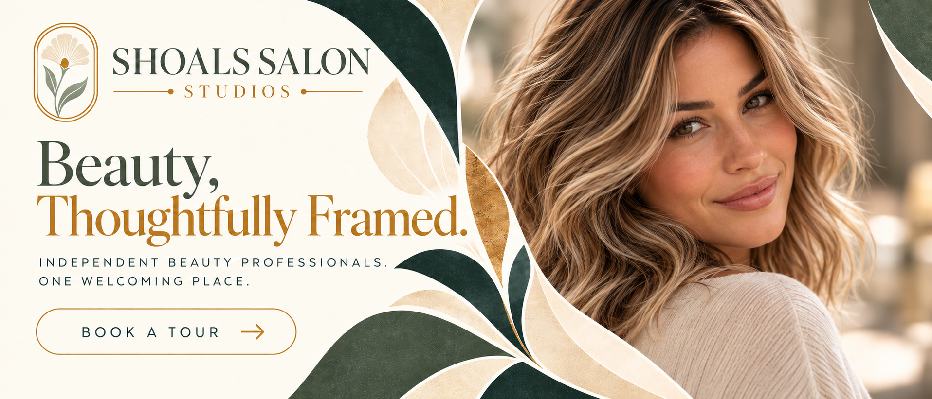 Shoals Salon large and Studios small, with flowing floral shapes framing a natural smiling portrait